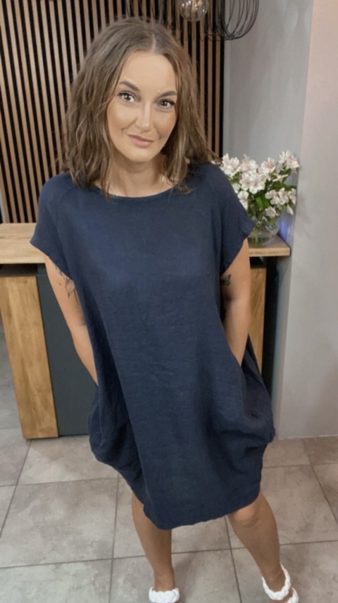 Sukienka Wendy Trendy 100% Len z Regulacją Granatowa Sukienka Wendy Trendy 100% Len z Regulacją Granatowa