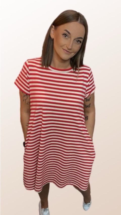 Sukienka Wendy Trendy – Krótkie rękawy Paski Czerwone Sukienka Wendy Trendy – Krótkie rękawy Paski Czerwone