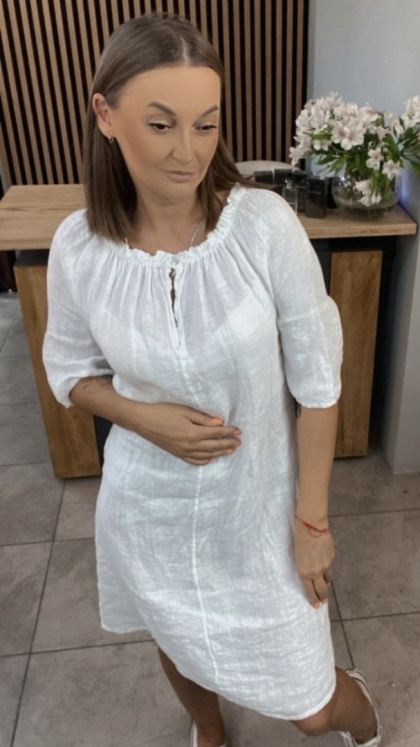 Sukienka "Oliva" - sukienka lniana z marszczeniem Biała