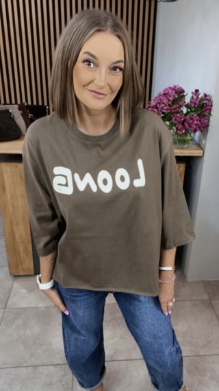 Bluzka oversize 100% bawełna – brązowa z nadrukiem LOONG