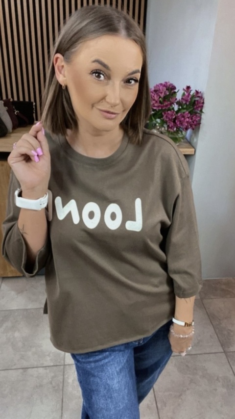 Bluzka oversize 100% bawełna – brązowa z nadrukiem LOONG