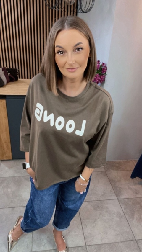 Bluzka oversize 100% bawełna – brązowa z nadrukiem LOONG