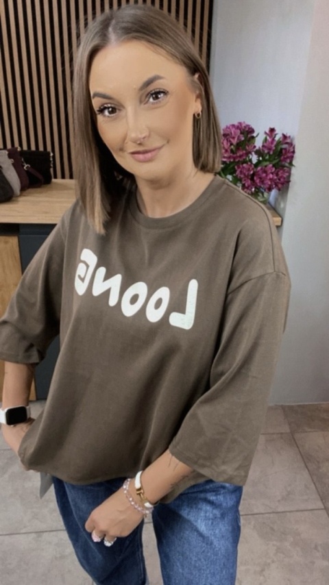 Bluzka oversize 100% bawełna – brązowa z nadrukiem LOONG