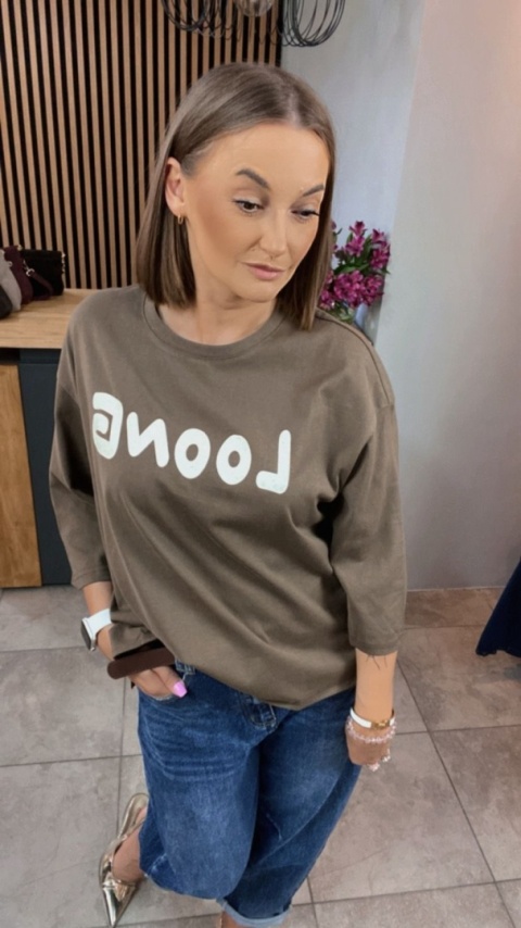 Bluzka oversize 100% bawełna – brązowa z nadrukiem LOONG