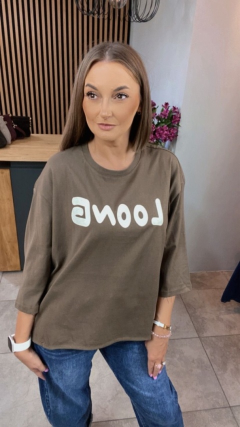 Bluzka oversize 100% bawełna – brązowa z nadrukiem LOONG