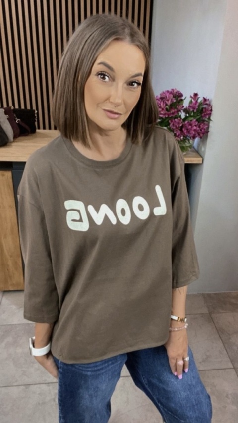 Bluzka oversize 100% bawełna – brązowa z nadrukiem LOONG