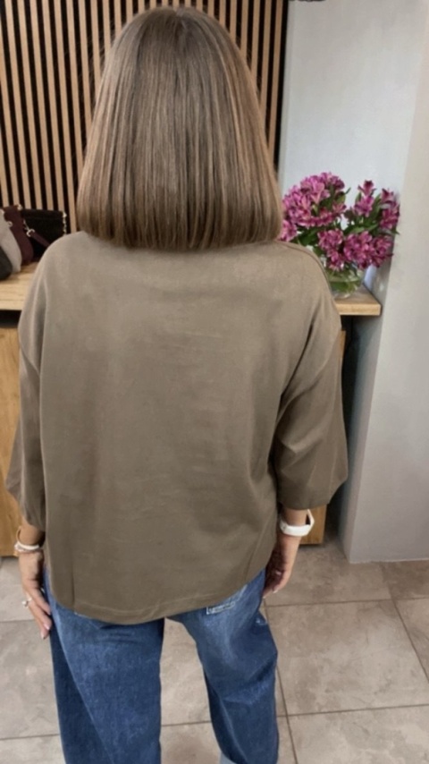Bluzka oversize 100% bawełna – brązowa z nadrukiem LOONG
