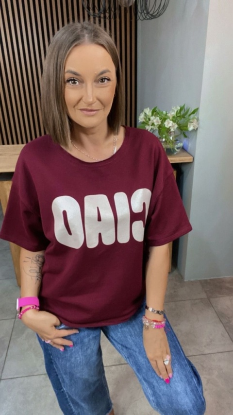 Bluzka oversize z napisem “CIAO” - Bordo