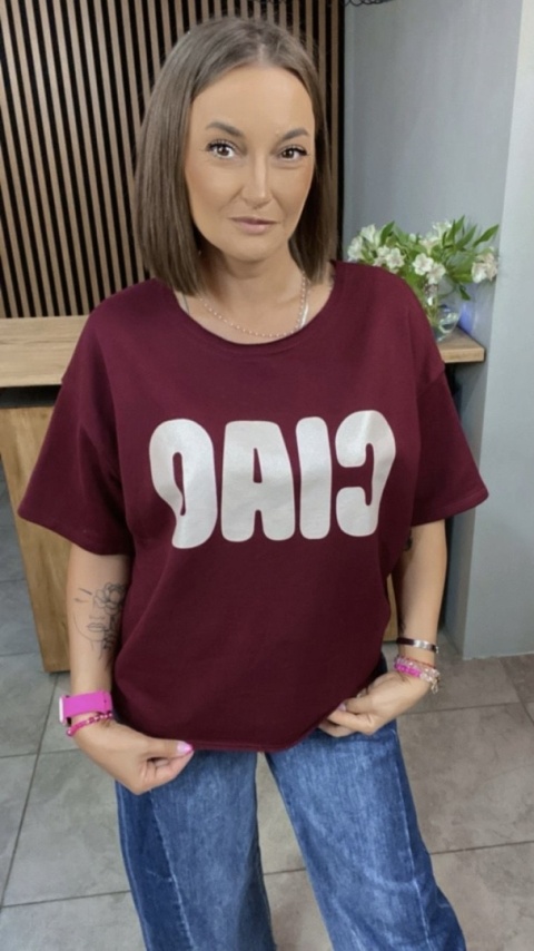 Bluzka oversize z napisem “CIAO” - Bordo