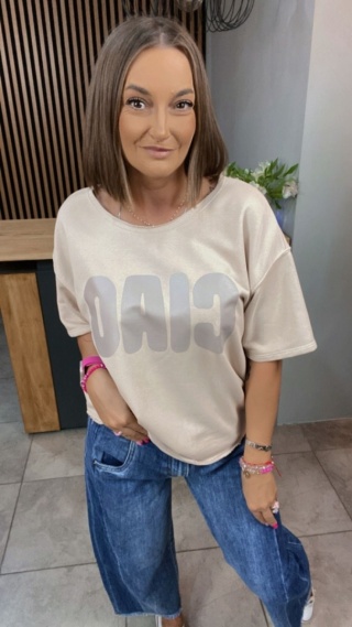 Bluzka oversize z napisem “CIAO” - Beżowa
