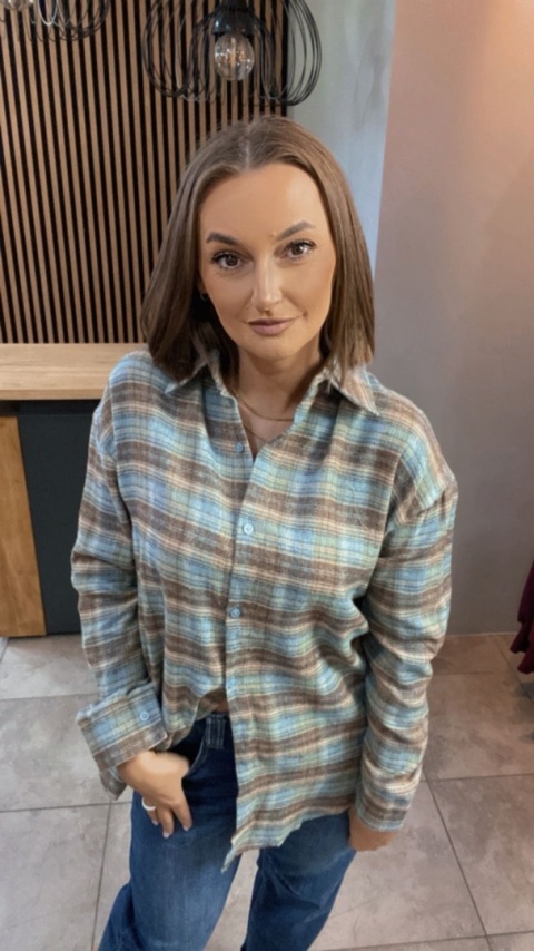 Koszula Oversize w kratę – brązowo–niebieska
