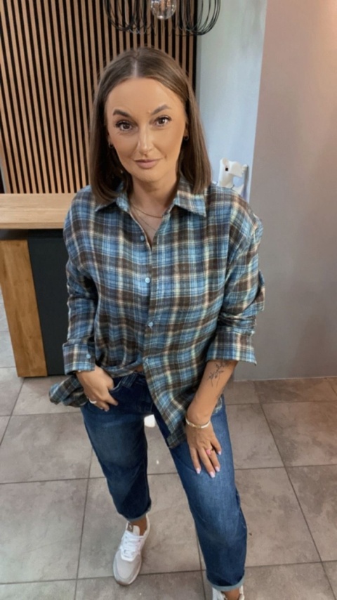Koszula Oversize w kratę – niebiesko-brązowa