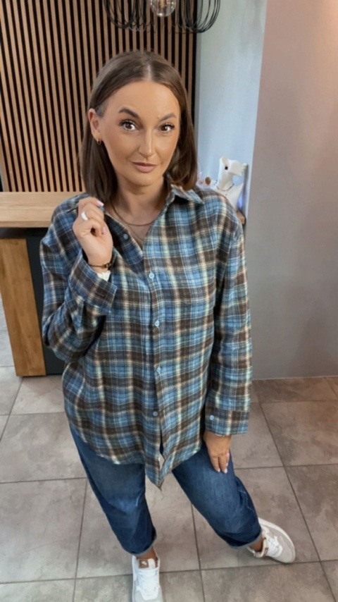 Koszula Oversize w kratę – niebiesko-brązowa