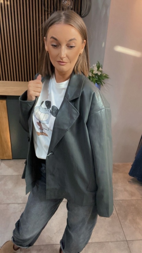 Marynarka z eko skóry OU MAI - szara , oversize